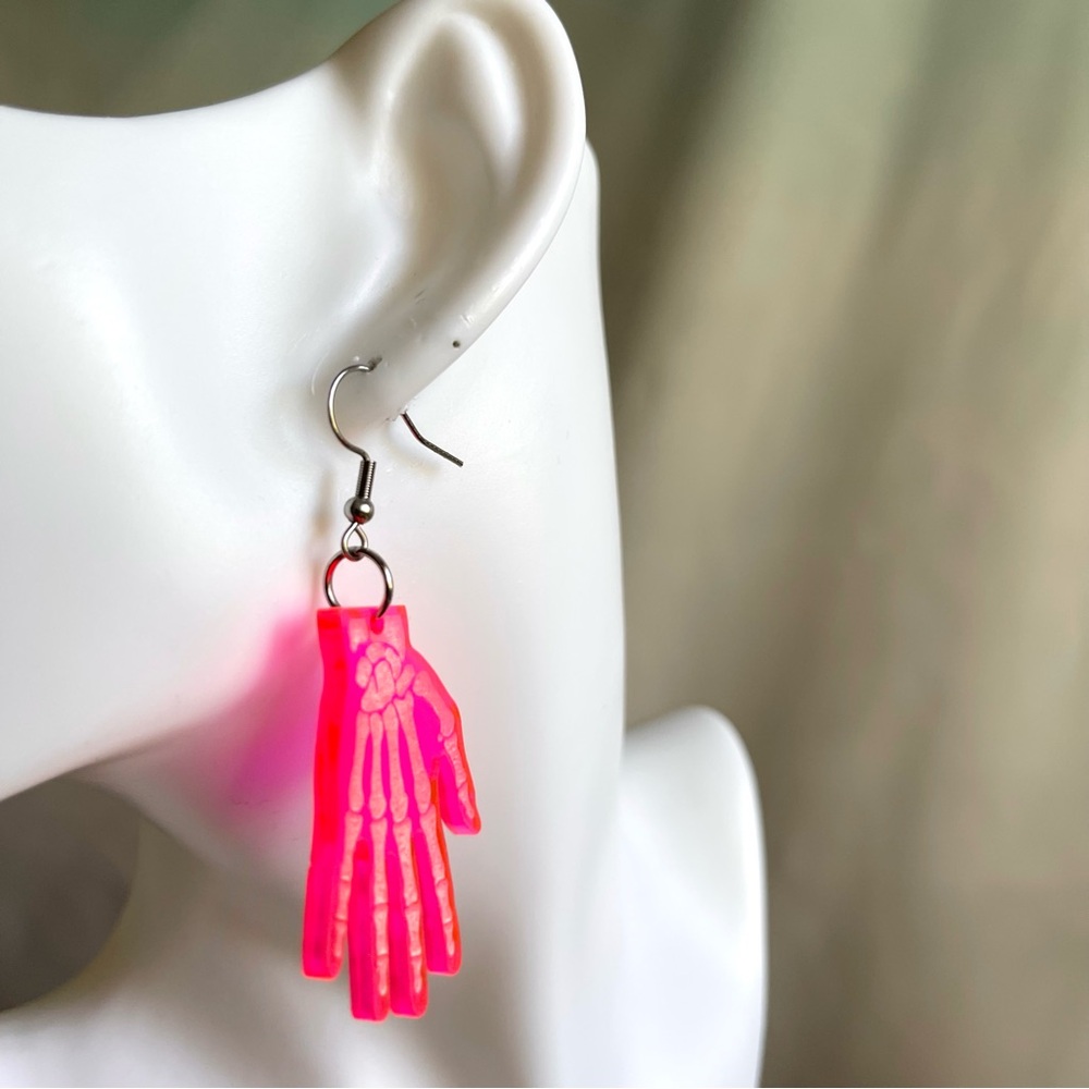 Pink Skeleton Hand Earrings